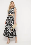 Komplety damskie - Czarno-Biały Komplet z Wiskozy w Kwiaty Bluzka i Spódnica z Falbaną Pietelle - miniaturka - grafika 1