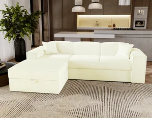 Narożnik z funkcją spania Santorini - Sofa 250 cm z funkcją spania, narożnik w kształcie litery L, rozkładana sofa - Lewy - Kremowy & Poso 38 - Narożniki - miniaturka - grafika 1