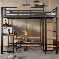 Łóżka dla dzieci i młodzieży - Łóżko piętrowe 90x200 cm - z biurkiem i półką - szafa dwudrzwiowa - z drabinką - Metal + MDF - Czarny + Naturalny - miniaturka - grafika 1