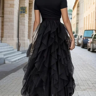 TEMU Elegancka damska spódnica z tiulu w kształcie litery A z wysokim stanem - wielopoziomowy falbankowy dołek, jednolity , idealna na wiosnę/jesień, - Spódnice - miniaturka - grafika 1