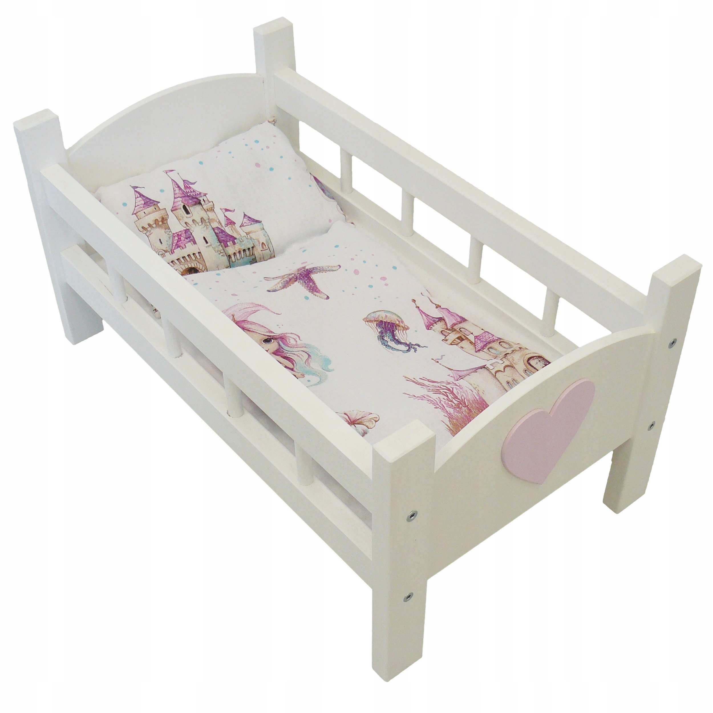 Drewniane Łózeczko Dla Lalek Białe Pościel Syrenka Pokój Dziecięcy Zabawka