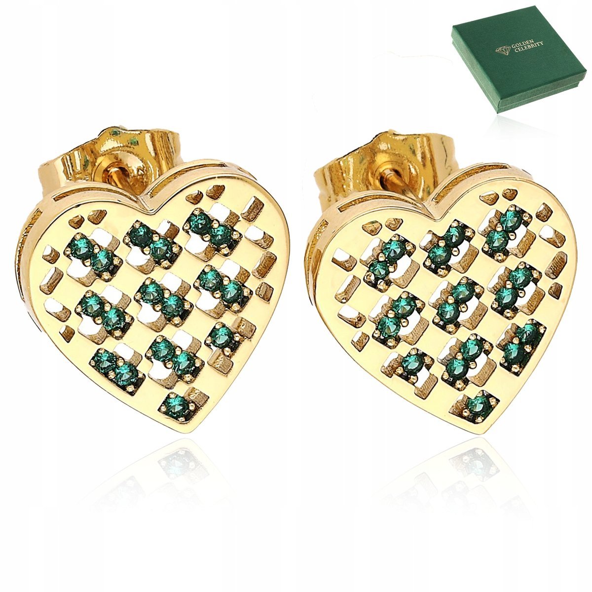 Złote Kolczyki Ze Stali Chirurgicznej 18K Serca Sztyft Zielone Z Cyrkoniami