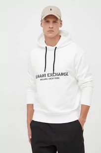 Armani Exchange bluza bawełniana męska kolor beżowy z kapturem z nadrukiem - Bluzy męskie - miniaturka - grafika 1