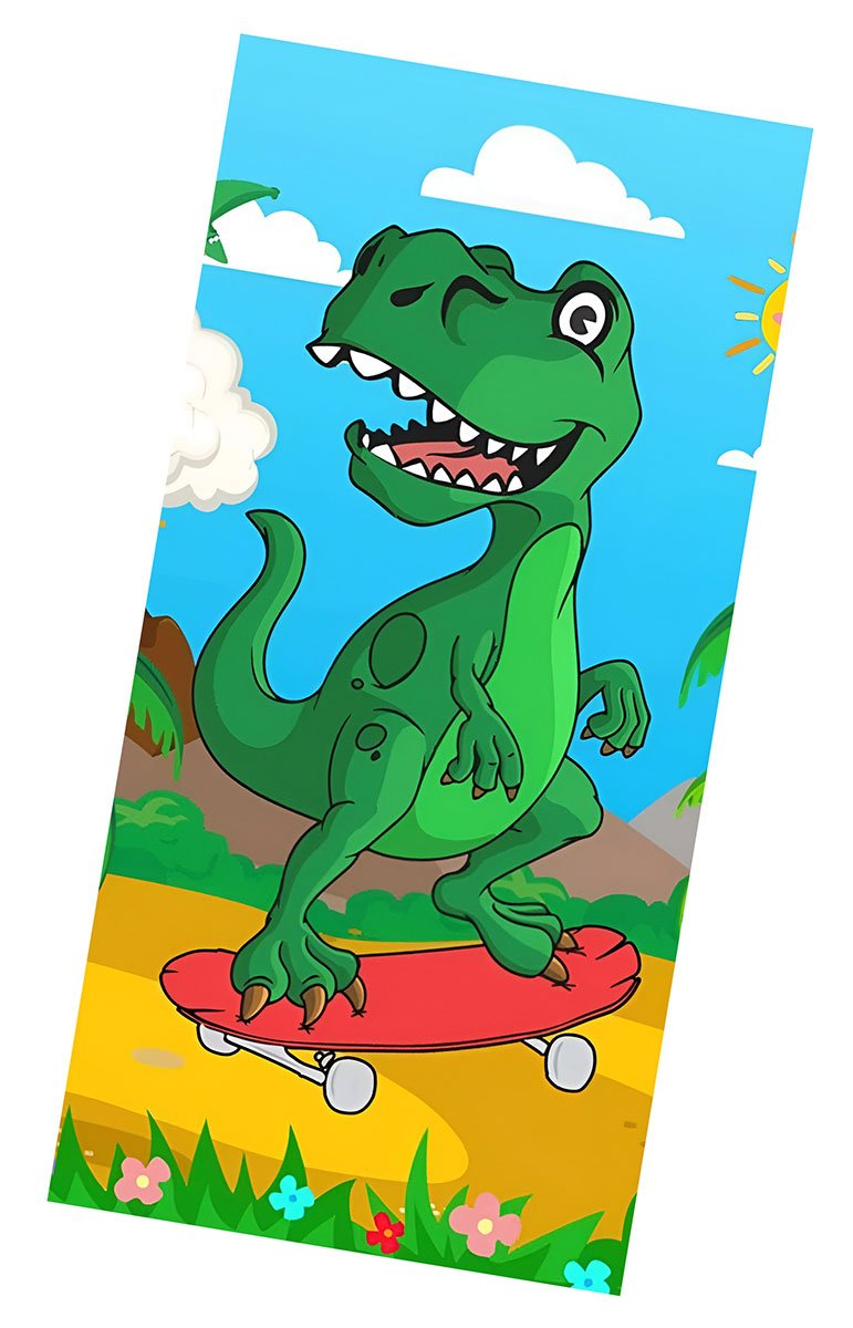 Ręcznik plażowy turkusowy 75x150cm - Zielony dinozaur na deskorolce