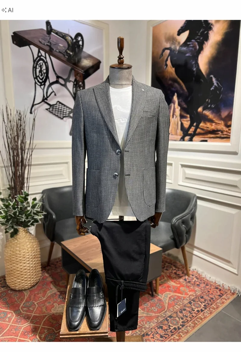 ELEGANCKA MĘSKA KURTKA MELANŻOWA Z PIKOWANYM WZOREM 58 5IA