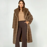 Płaszcze damskie - Damski płaszcz ze sztucznego z kołnierzem futra ciemny beż - miniaturka - grafika 1