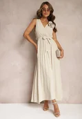 Sukienki - Beżowa Koktajlowa Sukienka Plisowana z Kwiatową Broszką Paskiem i Gumką w Talii Viknna - miniaturka - grafika 1