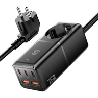 Ładowarki do telefonów - Ładowarak sieciowa, Essager, ECTAC-BRB01-Z, GaN, 3xUSB-C, 2xUSB-A, Gniazdko AC, 75W (czarna) - miniaturka - grafika 1