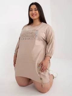 Bluzki damskie - Tunika plus size beżowy sukienka dresowa codzienna długość midi dżety kieszenie - grafika 1