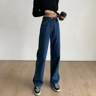 Spodnie damskie - Spodnie jeansowe damskie z prostą nogawką - Ciemnoniebieski - miniaturka - grafika 1