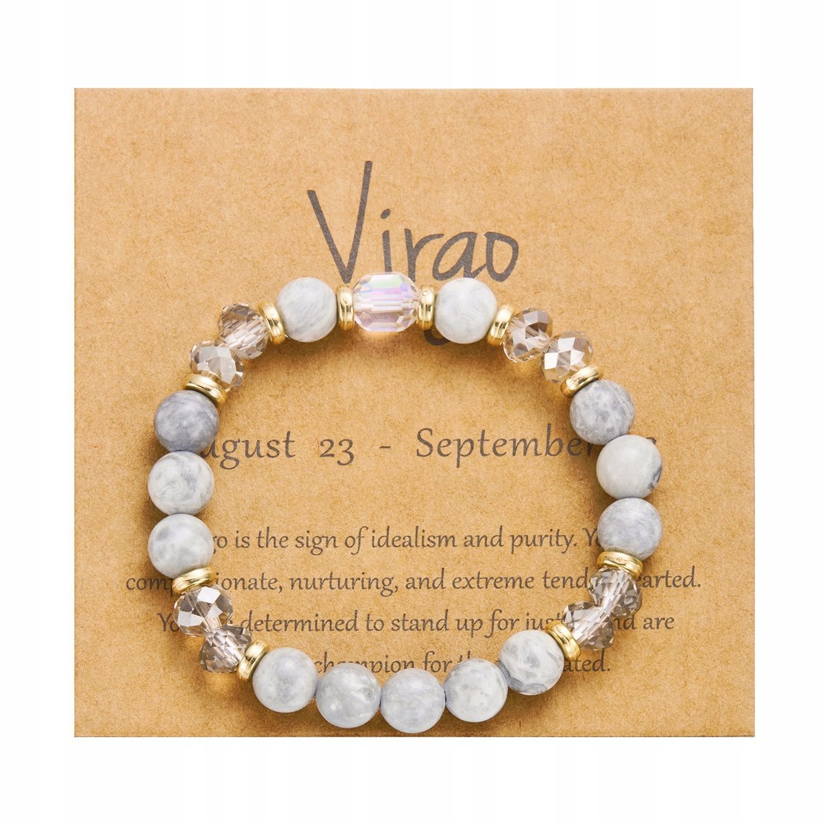 Bransoletka Znak Zodiaku Virgo Panna Szare Koraliki Złota Elastyczna
