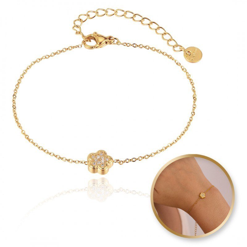 Bransoletka Na Rękę Stal Chirurgiczna Pozłacana 14K Złotem, Kwiat, Cyrkonia Bst1518