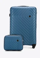 Walizki - Duża walizka i kosmetyczka z ABS-u z geometrycznym tłoczeniem ciemnoniebieskie - miniaturka - grafika 1