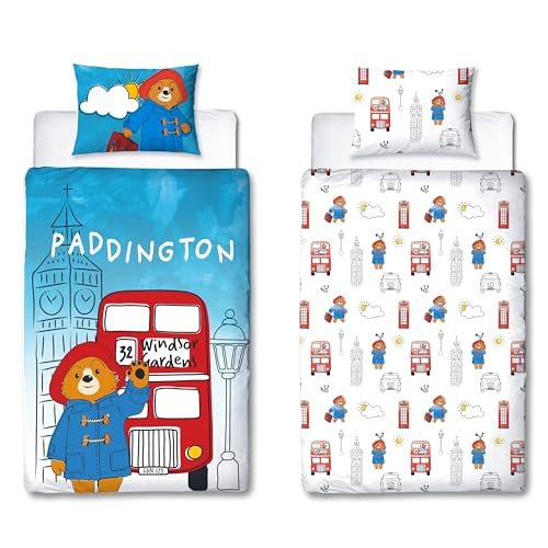 Character World Oficjalny zestaw poszewek na kołdrę Paddington Bear™ 2-stronna dwustronna konstrukcja stacji, dopasowana poszewka na poduszkę, zestaw na pojedyncze łóżko, biały i niebieski, bawełna