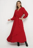 Sukienki - Czerwona Kopertowa Asymetryczna Sukienka Koktajlowa z Wiskozą Ozdobiona Paskiem Lanoresa - miniaturka - grafika 1