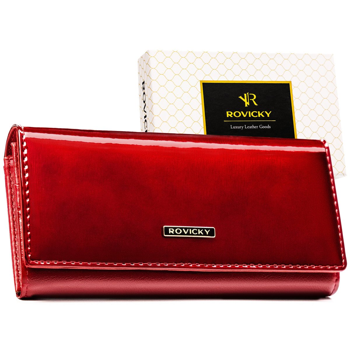 Elegancki portfel damski ROVICKY duży lakierowany rozbudowany na karty i gotówkę ochrona RFID na prezent czerwony