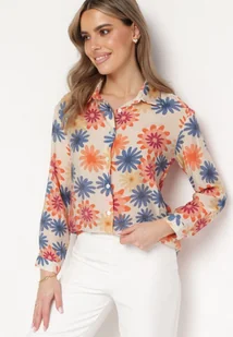 Niebieska Koszula w Kwiaty Zapinana na Guziki Horisa - Koszule damskie - miniaturka - grafika 1