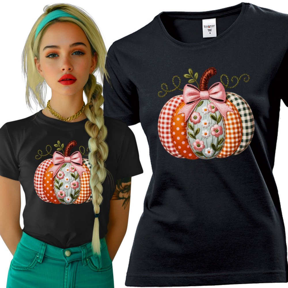 Koszulka damska Patchworkowa Dynia W Kratkę Kwiaty Dzień Dyni Halloween XL