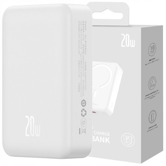 Baseus Powerbank z ładowaniem indukcyjnym Qi, Magnetic Mini, do MagSafe, 20 000mAh, 20W, biały