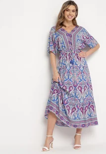 Niebieska Sukienka Midi z Wiskozy w Stylu Boho z Wzorem Paisley i Gumką w Pasie Naroli - Sukienki - miniaturka - grafika 1