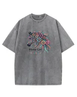 Koszulki i topy damskie - Koszulka oversize Horse Girl Kolorowy Koń Sprana Grafitowa M - miniaturka - grafika 1