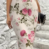 Spódnice - TEMU Spódnica midi z nadrukiem w stylu vintage dla kobiet - miękka, lekka beżowa z różowym i zielonym wzorem kwiatowym, spódnica na co dzień na - miniaturka - grafika 1