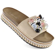 Klapki i japonki damskie - Klapki damskie na platformie z koralikami beżowe S.Barski HY077 beżowy - miniaturka - grafika 1