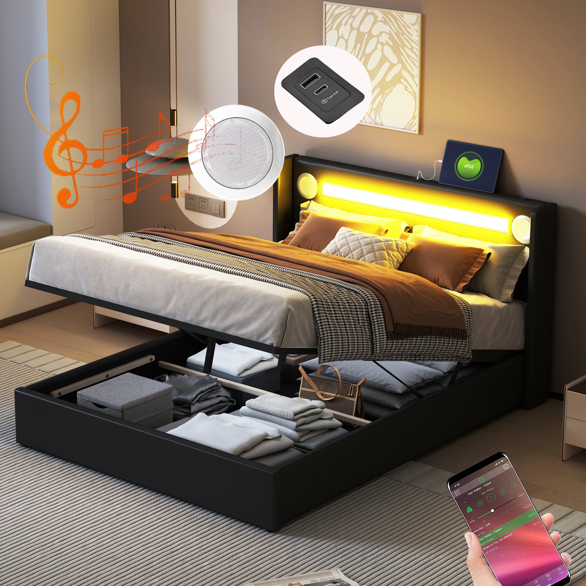 Łóżko tapicerowane Merax 140x200cm z podstawą łóżka i LED, hydrauliczne łóżko podwójne z Bluetooth i ładowaniem USB, imitacja skóry , drewniane łóżko do przechowywania, czarne