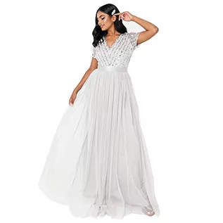 Sukienki - Maya Deluxe damska długa sukienka z dekoltem w serek z krótkim rękawem, elegancka, talia, imperium, ślubna dla druhny, Soft Grey, 50 - grafika 1