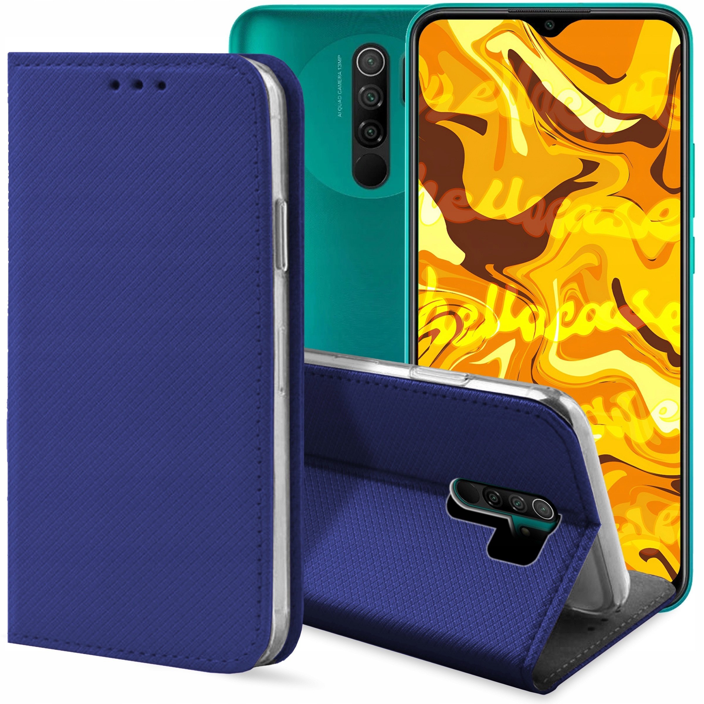 ETUI Z KLAPKĄ DO XIAOMI REDMI 9 GRANATOWE MAGNETYCZNE ZAMYKANE KABURA CASE
