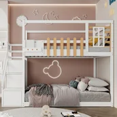 Łóżka dla dzieci i młodzieży - Łóżko piętrowe Merax 90x200cm ze schodkami, zabezpieczeniem przed wypadnięciem i oknem, łóżko dziecięce z 3 szafkami, sosnowe łóżko piętrowe łóżko młodzieżowe, białe - miniaturka - grafika 1