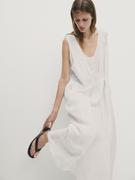 Sukienka Midi Z Dwuwarstwowym Efektem I Wiązaniem - Biały - S - Massimo Dutti - Kobieta