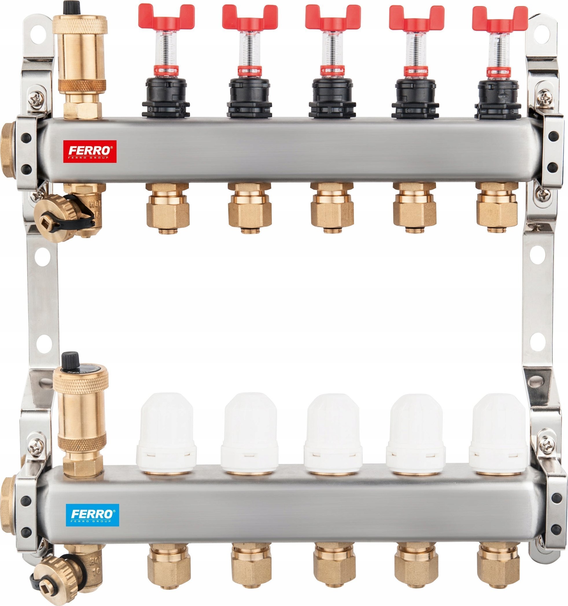 FERRO Rozdzielacz ze stali nierdzewnej 1 2-drogowy z zaworami termostatycznymi, przepływomierzami