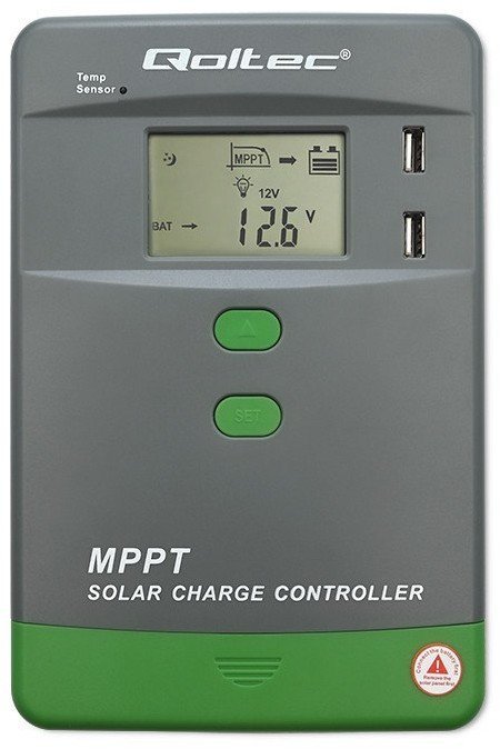 Solarny regulator ładowania MPPT z czujnikiem temperatury 30A 12V/24V LCD 2xUSB Bluetooth APP GEL LiFePO4 Qoltec