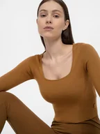 Koszulki i topy damskie - 4F Longsleeve damski crop-top slim gładki 4FAW22TLONF092-81S Brązowy Roz. M - miniaturka - grafika 1