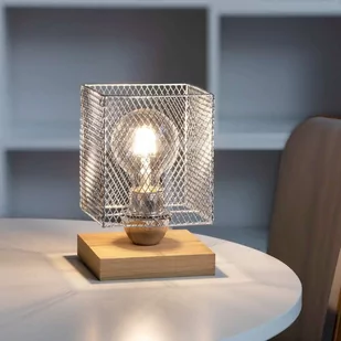 Spotlight Stołowa LAMPA industrialna NORMAN WOOD 9175974 druciana LAMPKA biurkowa metalowa klatka stojąca dąb olejowany chrom 9175974 - Lampy stojące - miniaturka - grafika 1