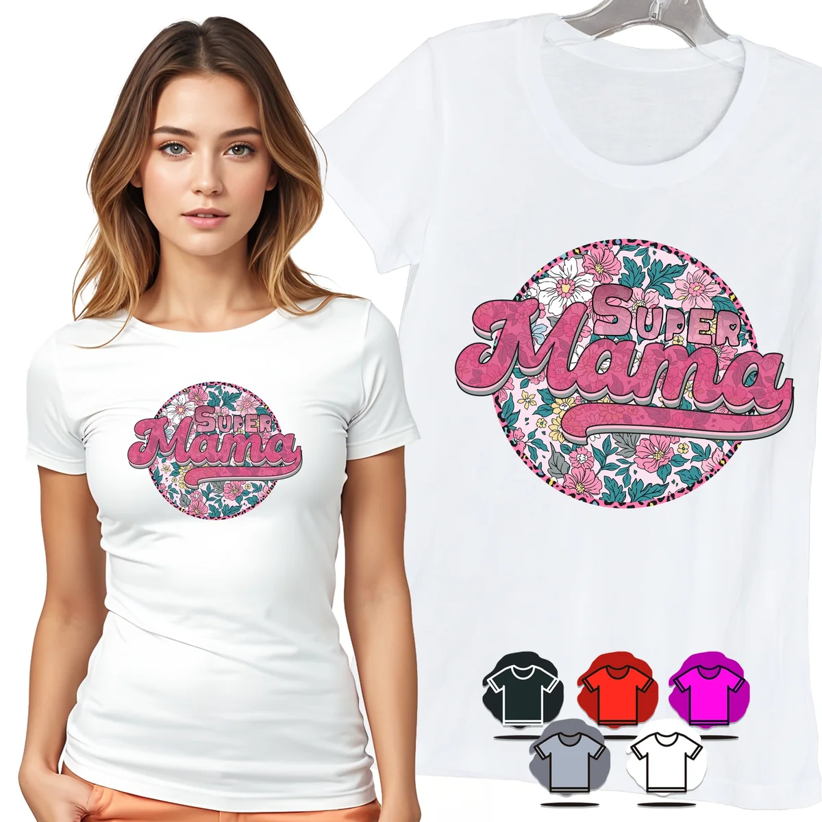 KOSZULKA DAMSKA T-SHIRT - SUPER MAMA KWIATOWE KOŁO RÓŻOWY WZÓR PREZENT - XS