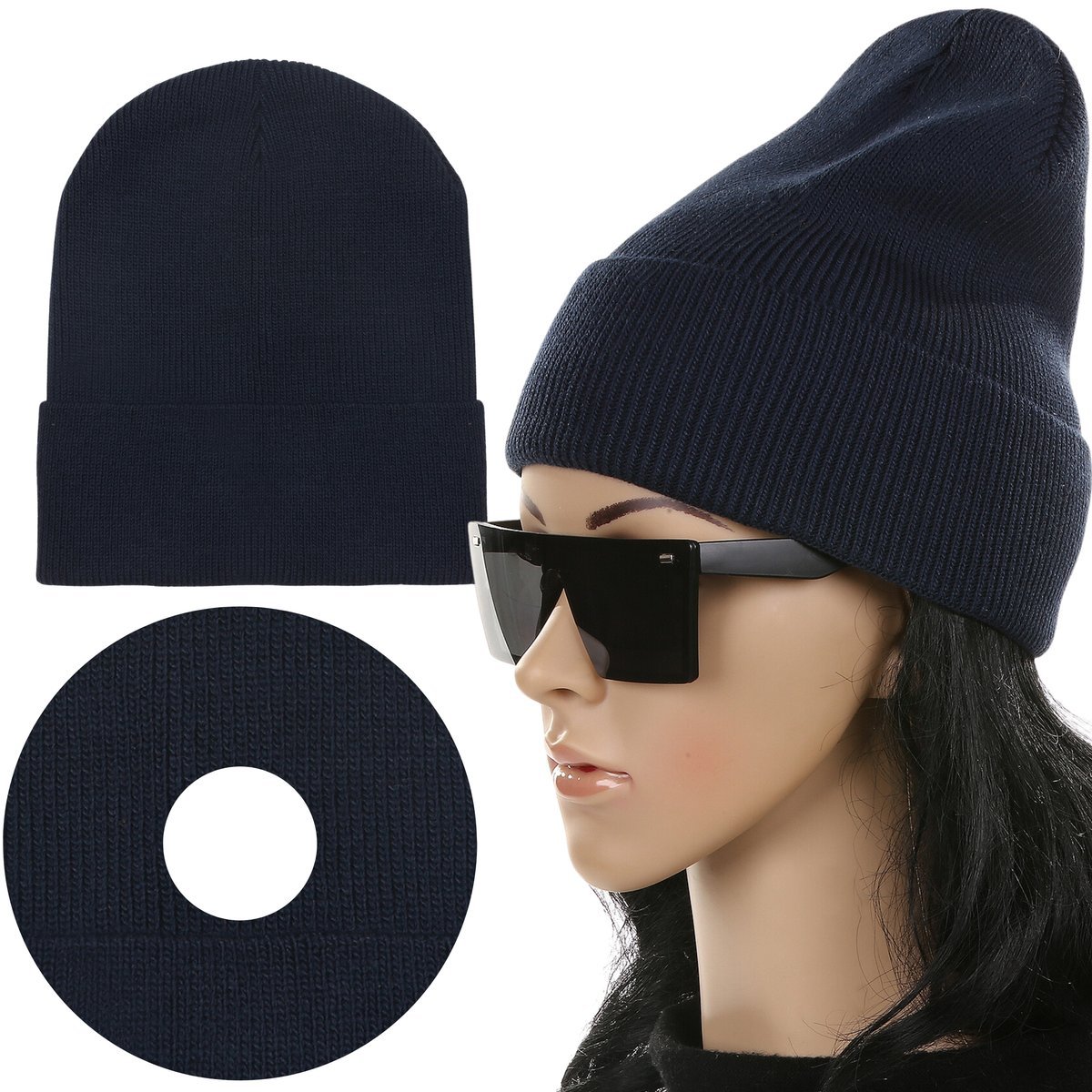 Czapka Damska Kobieca Beanie Wywijana Jesień Zimę Ciepła Granat Granatowy