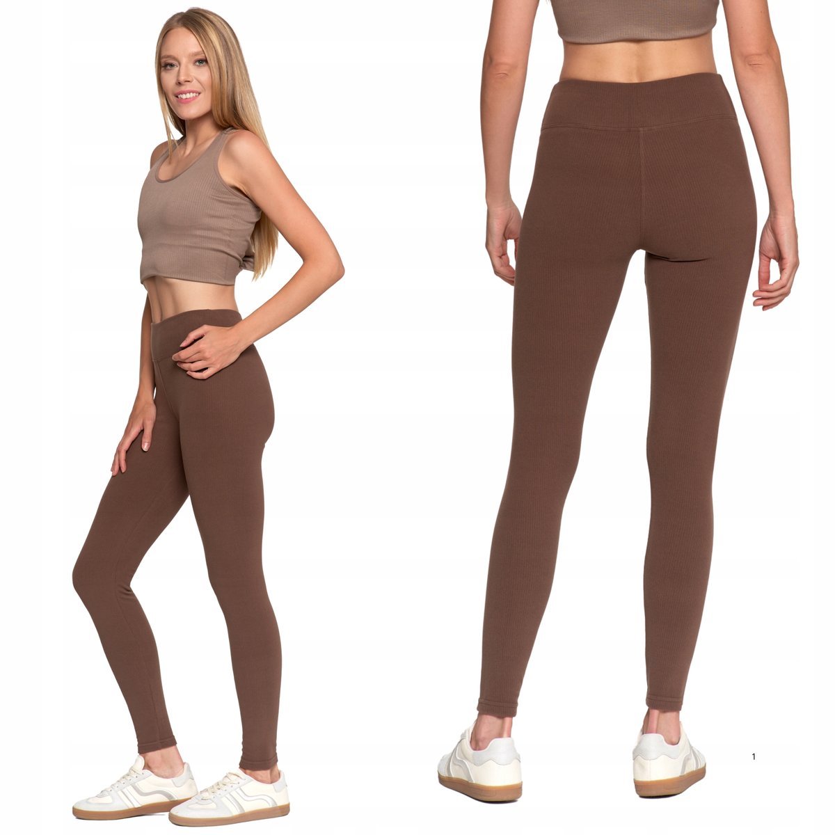 DŁUGIE LEGGINSY DAMSKIE WYSOKI STAN PRĄŻKOWANE SPORTOWE FIT MORAJ S/M MOCCA