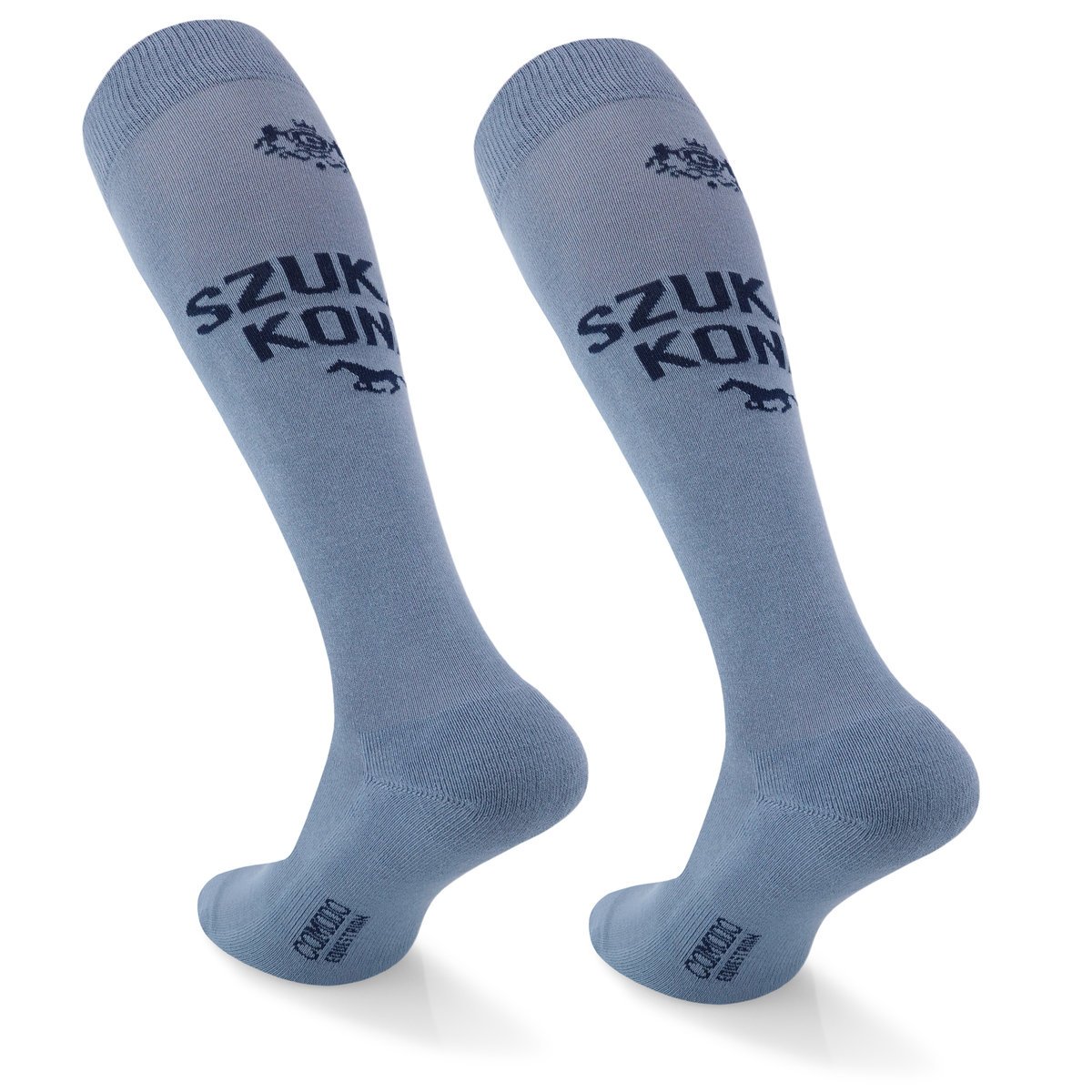 COMODO Wesołe podkolanówki 82% bawełny do jazdy konnej, cienkie, na wiosnę/lato. Wzór Szukam Konia, r. 39-42, jasny niebieski. dla niej