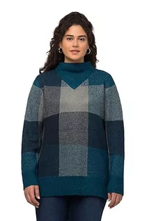 Swetry damskie - Ulla Popken Damski sweter w kratkę, stójka, długi rękaw, Niebieski ocean, 46/48 - grafika 1