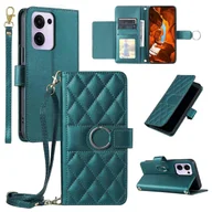 Portfele - Dla Oppo Reno13 F 5G 4G Crossbody Skórzany futerał Pierścień Klamra Portfel Stojak Rhombus Mobile Cover - Zielony Wielobarwny Green - miniaturka - grafika 1
