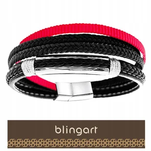BLINGART BRANSOLETKA męska skórzana CZARNO CZERWONA PLECIONKI STAL 316L - Bransolety męskie - miniaturka - grafika 1