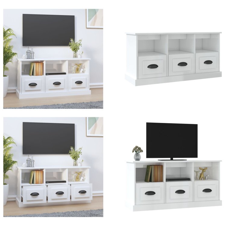 vidaXL Szafka pod TV biały wysoki połysk 100x35x50 cm materiał drewnopochodny - szafka pod TV - szafki pod TV - meble pod TV - stojak pod TV