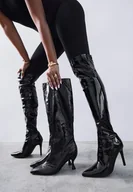 Kozaki damskie - Czarne Lakierowane Kozaki Vices na Szpilce z Marszczoną Cholewką Calavelie - miniaturka - grafika 1