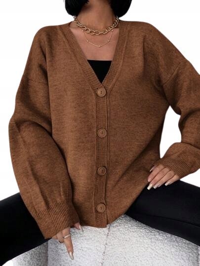 SWETER DAMSKI BRĄZOWY KLASYCZNY GUZIKI L ŁUF