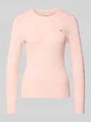 Swetry damskie - Sweter z dzianiny ze ściegiem warkoczowym i wyhaftowanym logo - miniaturka - grafika 1