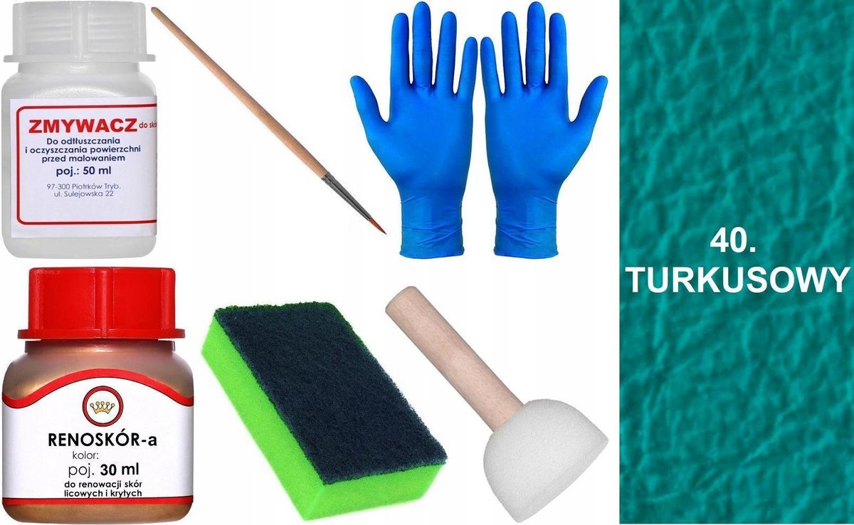 TURKUSOWY 40 Renoskór ZESTAW DO RENOWACJI SKÓRY LICOWEJ Farba Zmywacz GĄBKA