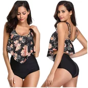 Stroje kąpielowe - STRÓJ KĄPIELOWY BIKINI Z WYSOKIM STANEM LIŚCIE PRINT KOSTIUM CZARNY HIT XL - miniaturka - grafika 1