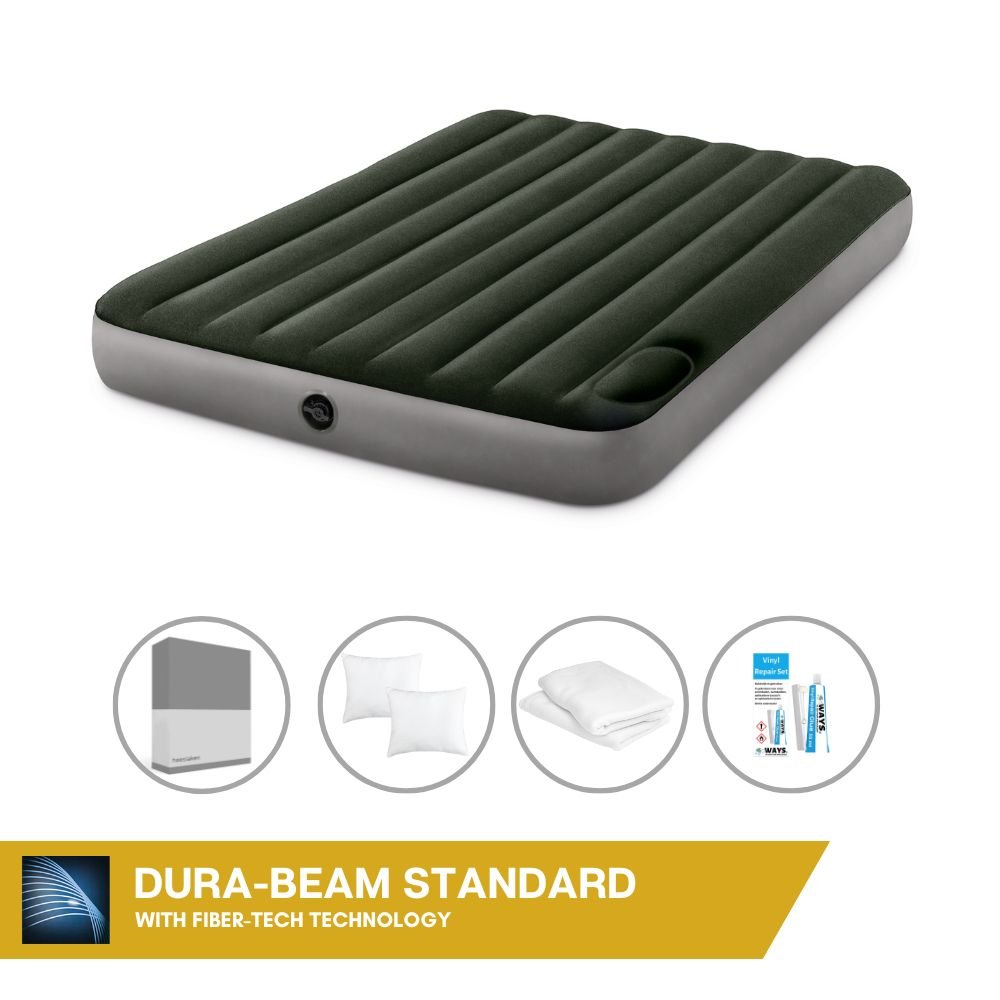 Dmuchane łóżko Intex - 2 osoby - 152 x 203 x 25 cm - Zielony - Z wbudowaną pompką nożną + prześcieradło antracytowe + poduszka + poszewki Molton 2 w 1 + zestaw naprawczy